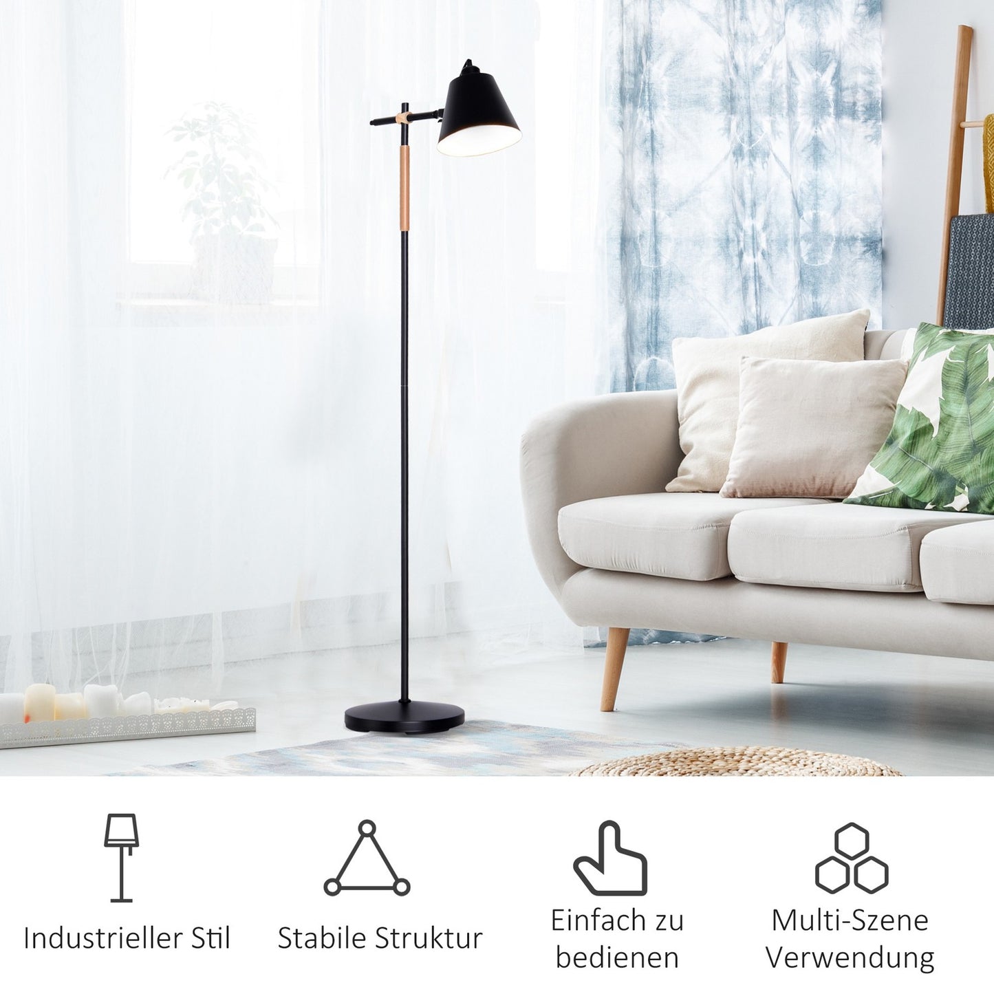 Industrial floor lamp - wood & metal, black/natural, 40W