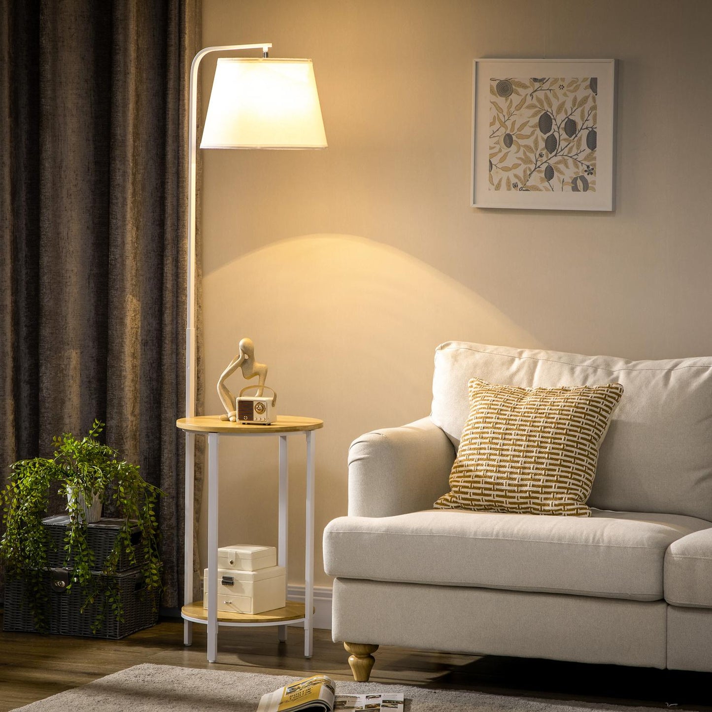 Floor lamp in white metal, 40W, Shade in linen, 162 cm Height