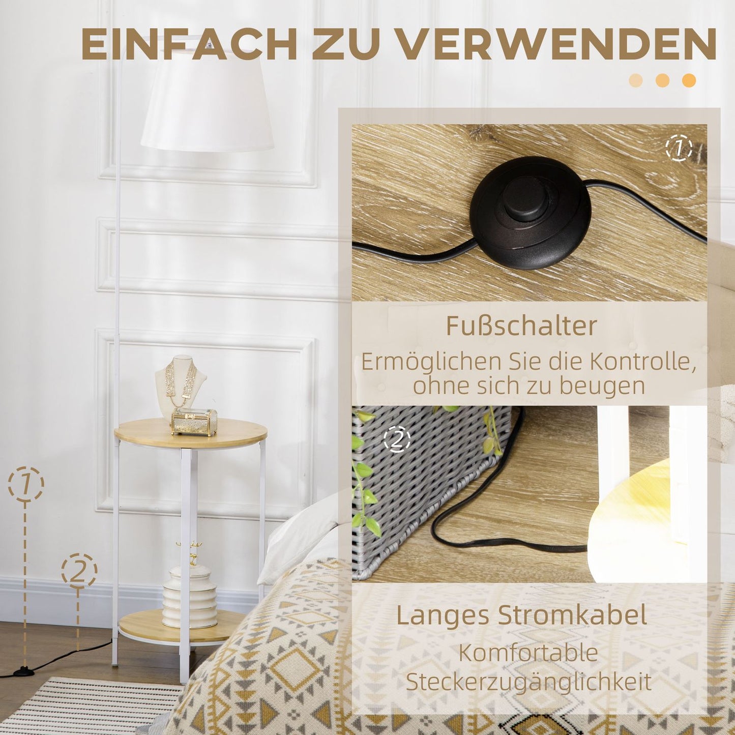 Floor lamp in white metal, 40W, Shade in linen, 162 cm Height