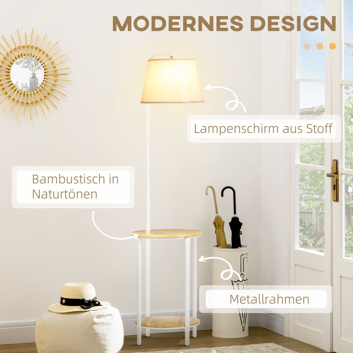 Floor lamp in white metal, 40W, Shade in linen, 162 cm Height