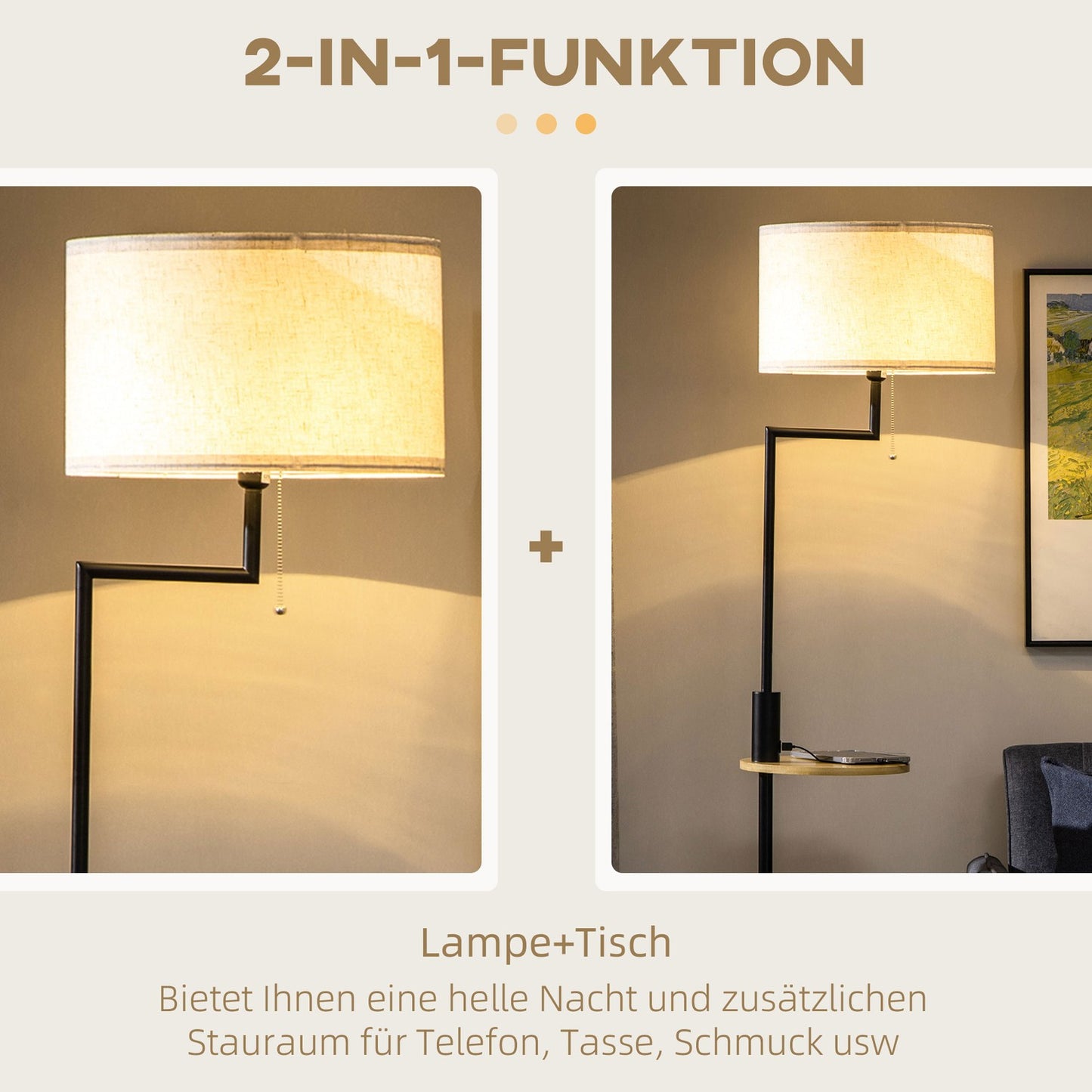 Floor lamp with shelf & USB port, steel, cream, 40W