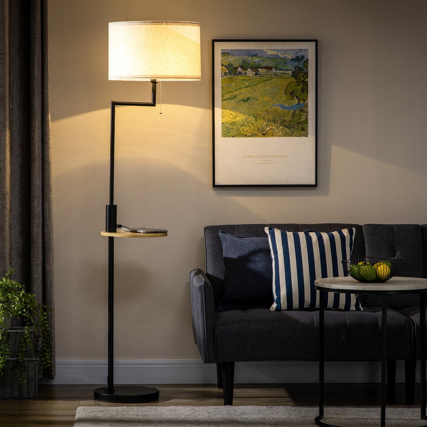 Floor lamp with shelf & USB port, steel, cream, 40W