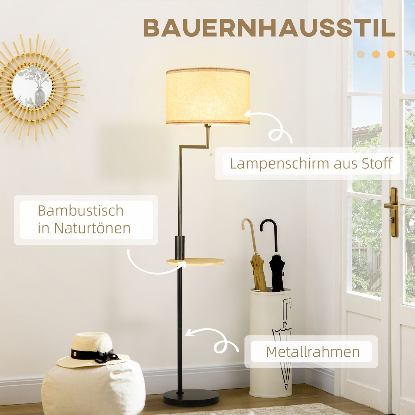 Floor lamp with shelf & USB port, steel, cream, 40W