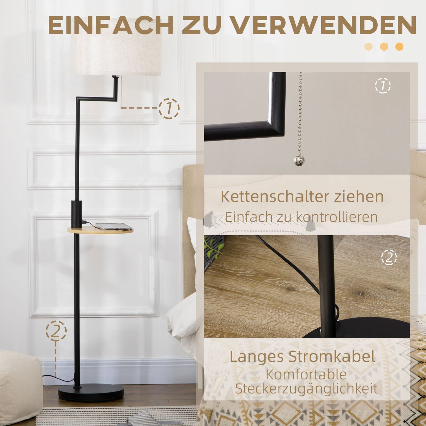 Floor lamp with shelf & USB port, steel, cream, 40W