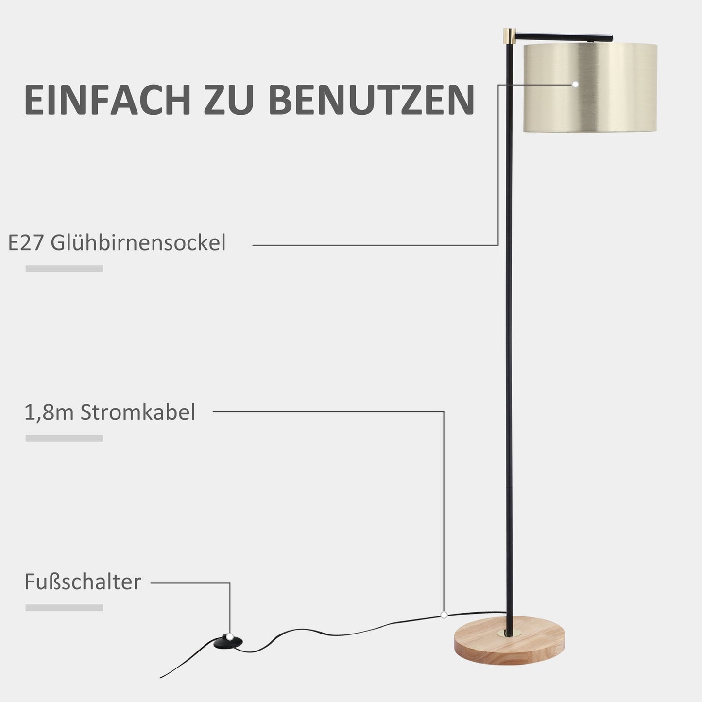 Modern floor lamp, 40W, E27, fabric shade, gold+black