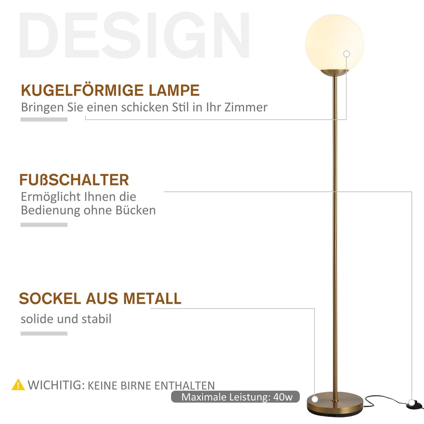 Gold metal floor lamp with glass - 25x25x171cm