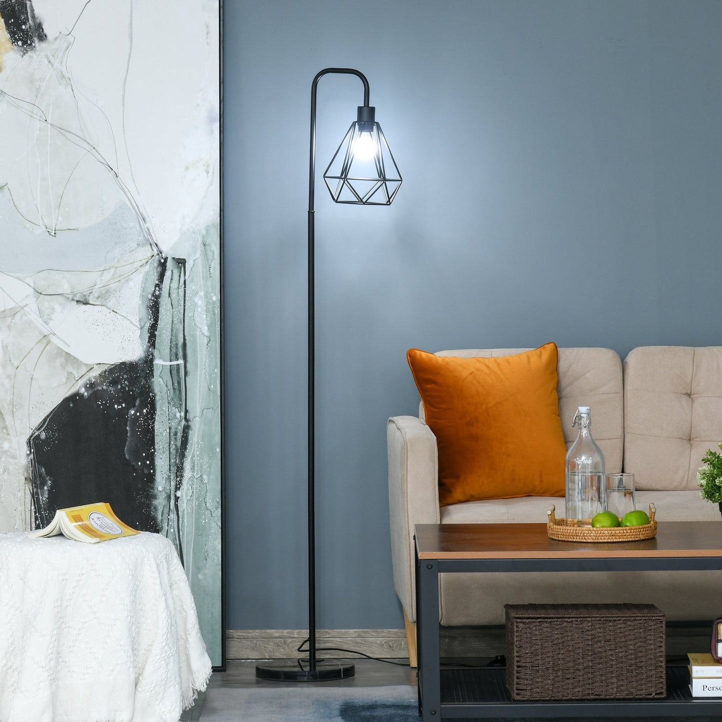 Floor lamp in industrial style, E27 Base, Steel & Marble, Black