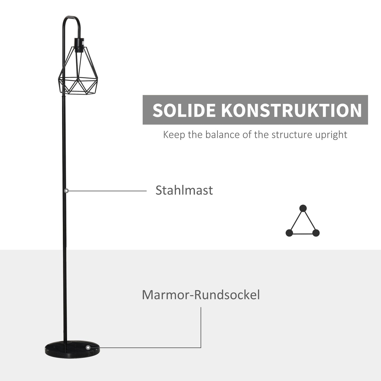 Floor lamp in industrial style, E27 Base, Steel & Marble, Black