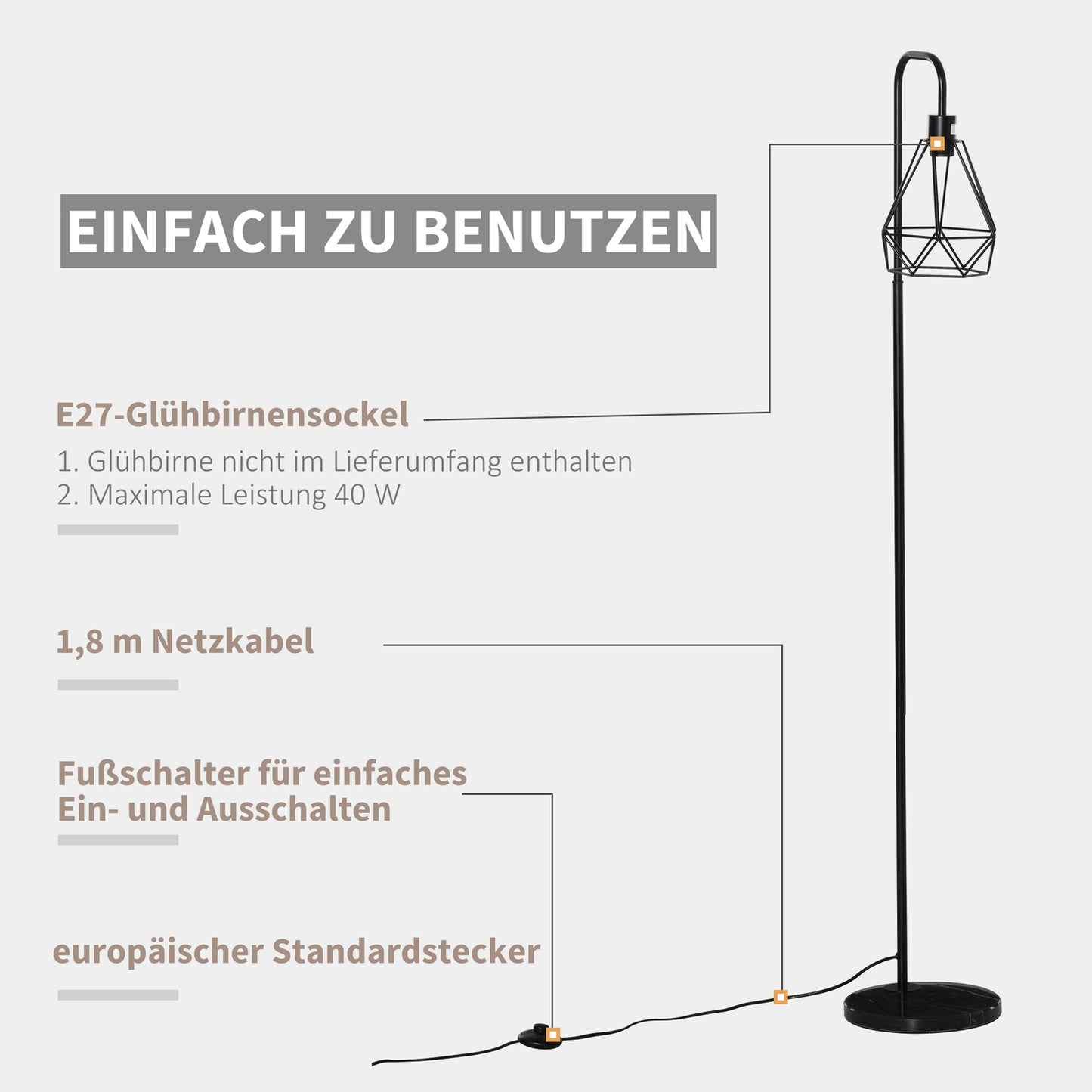 Floor lamp in industrial style, E27 Base, Steel & Marble, Black
