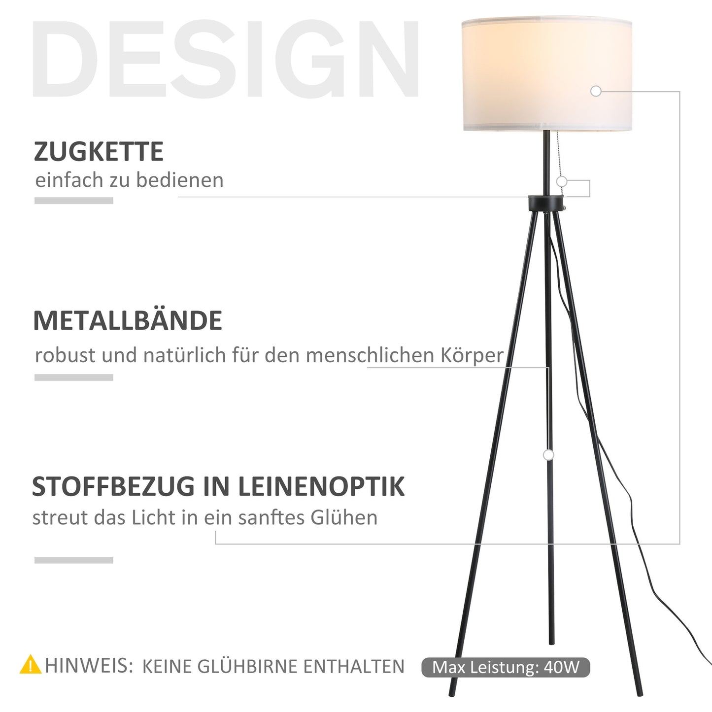 Modern black & white floor lamp E27, steel & polyester