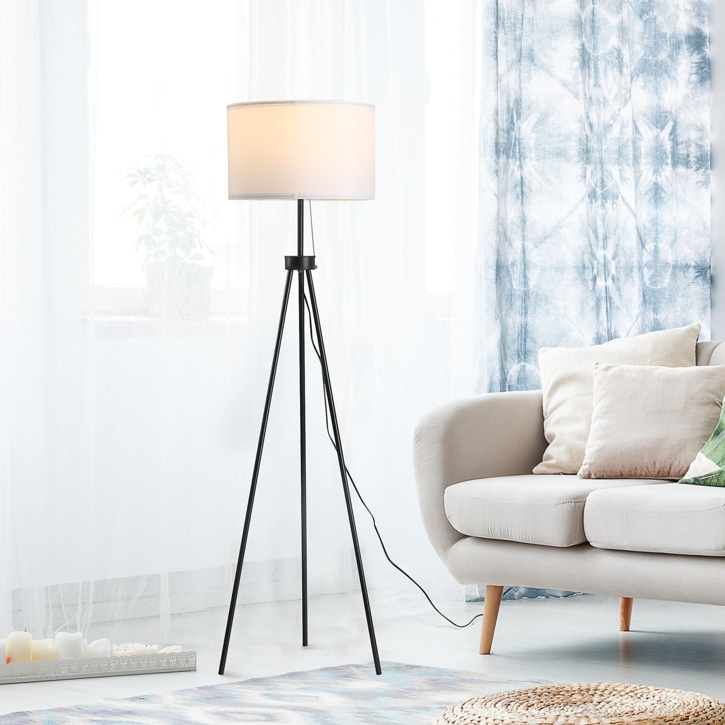Modern black & white floor lamp E27, steel & polyester