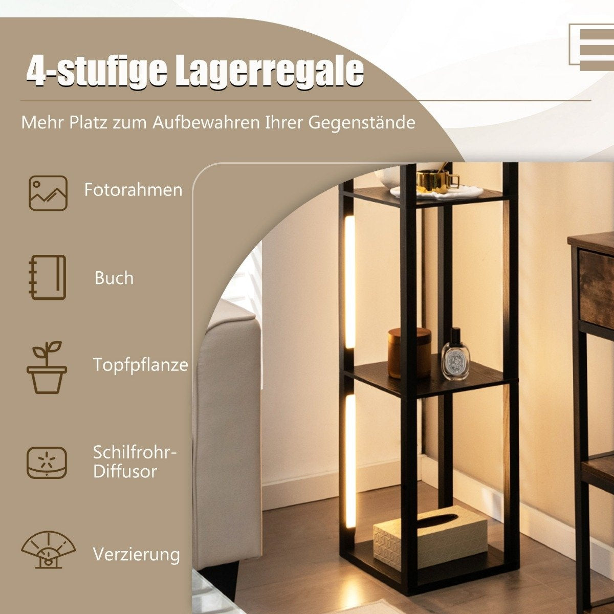 Floor Lamp Modern Illuminated Storage Shelf 29 x 29 x 163 cm Black