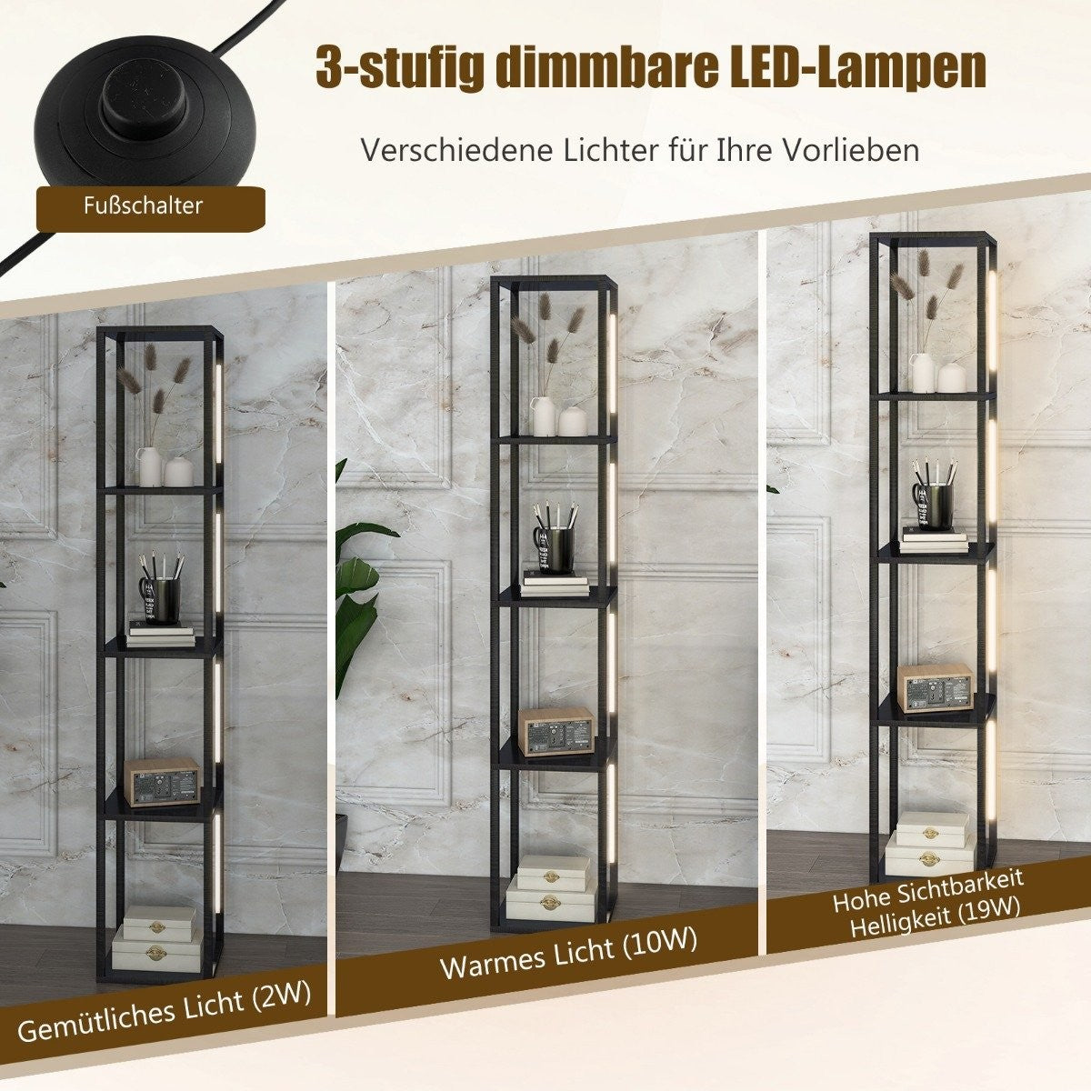 Floor Lamp Modern Illuminated Storage Shelf 29 x 29 x 163 cm Black