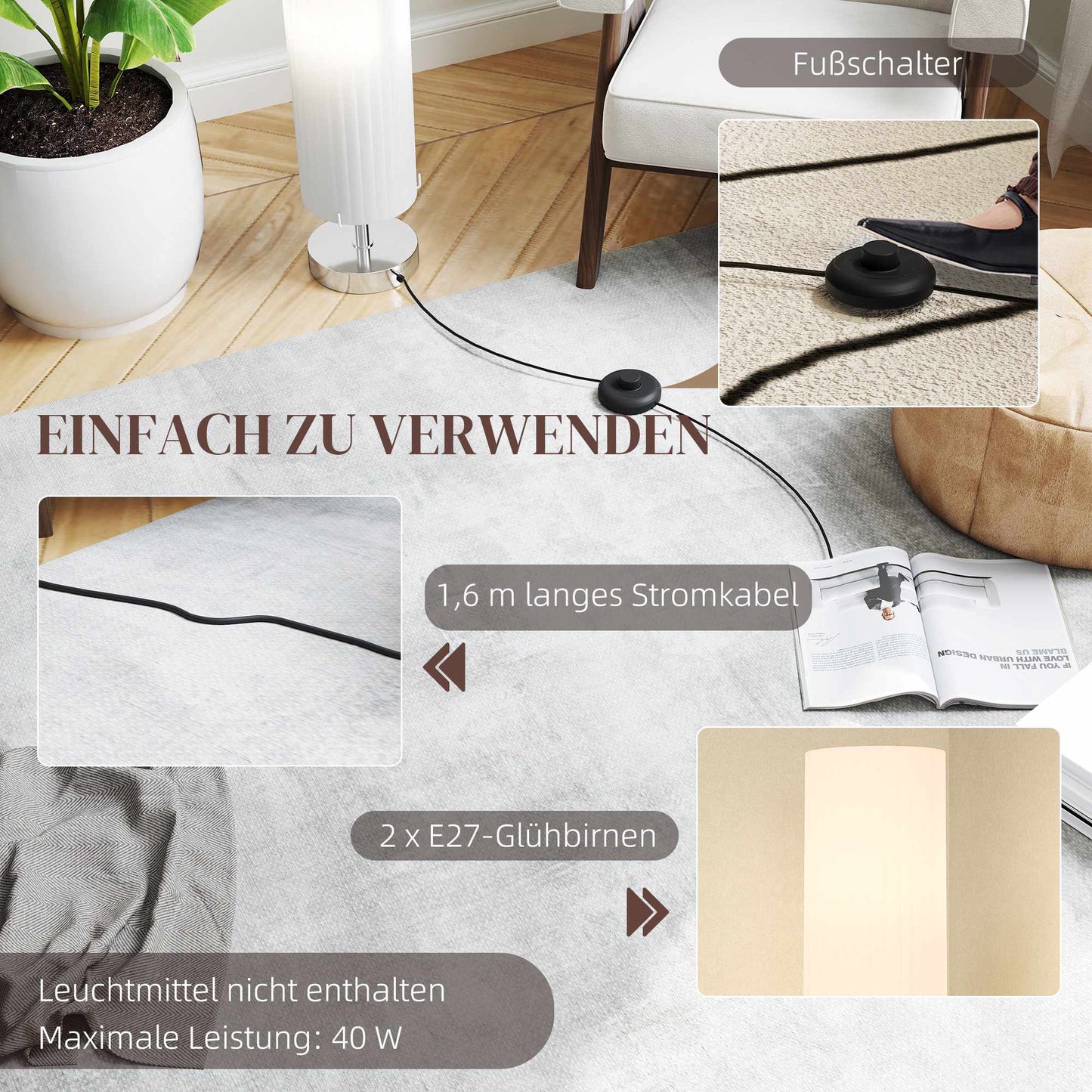 Floor Lamp, Stainless Steel, E27 Base, 120 cm