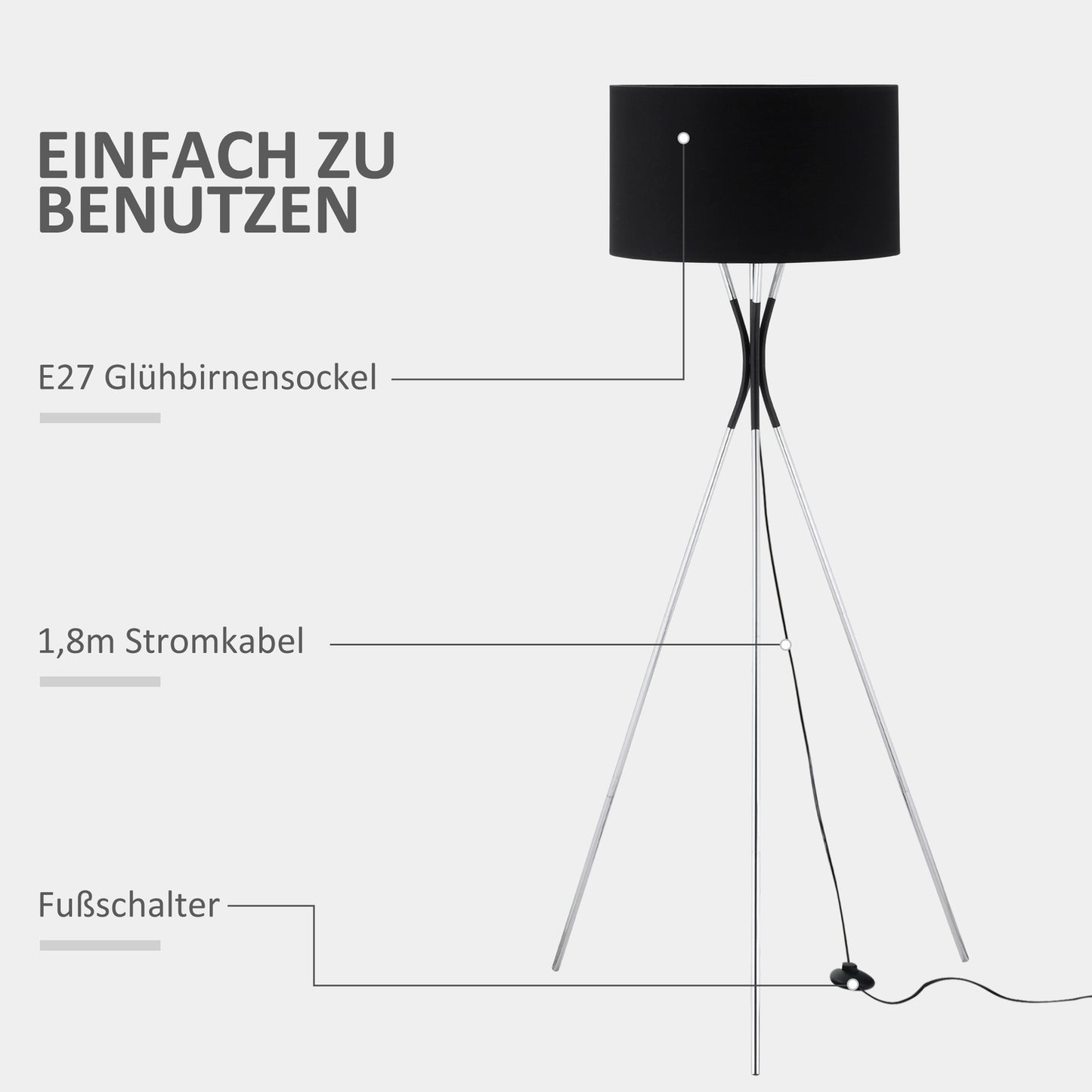 Stand floor lamp, elegant 40W, fabric shade, metal base