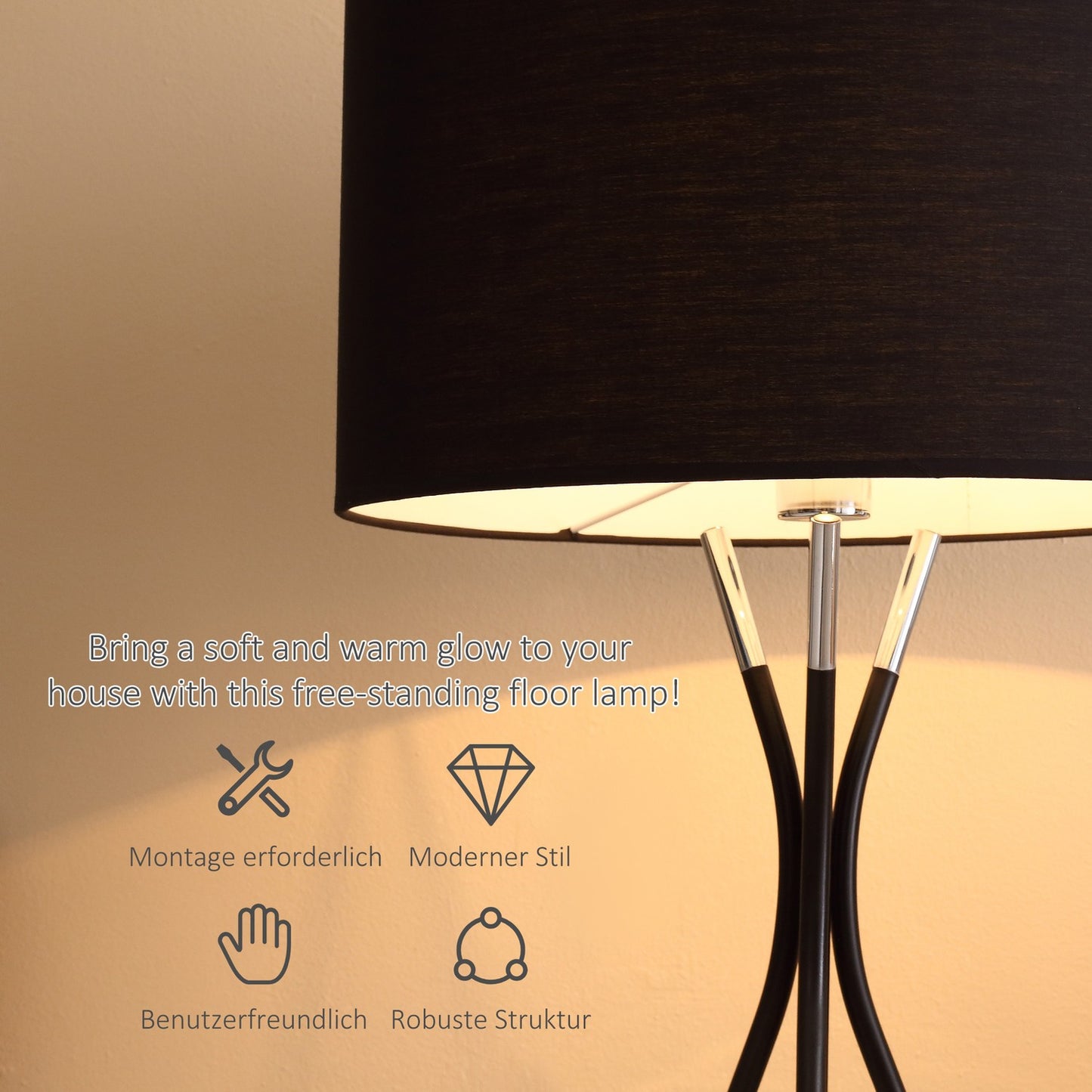 Stand floor lamp, elegant 40W, fabric shade, metal base