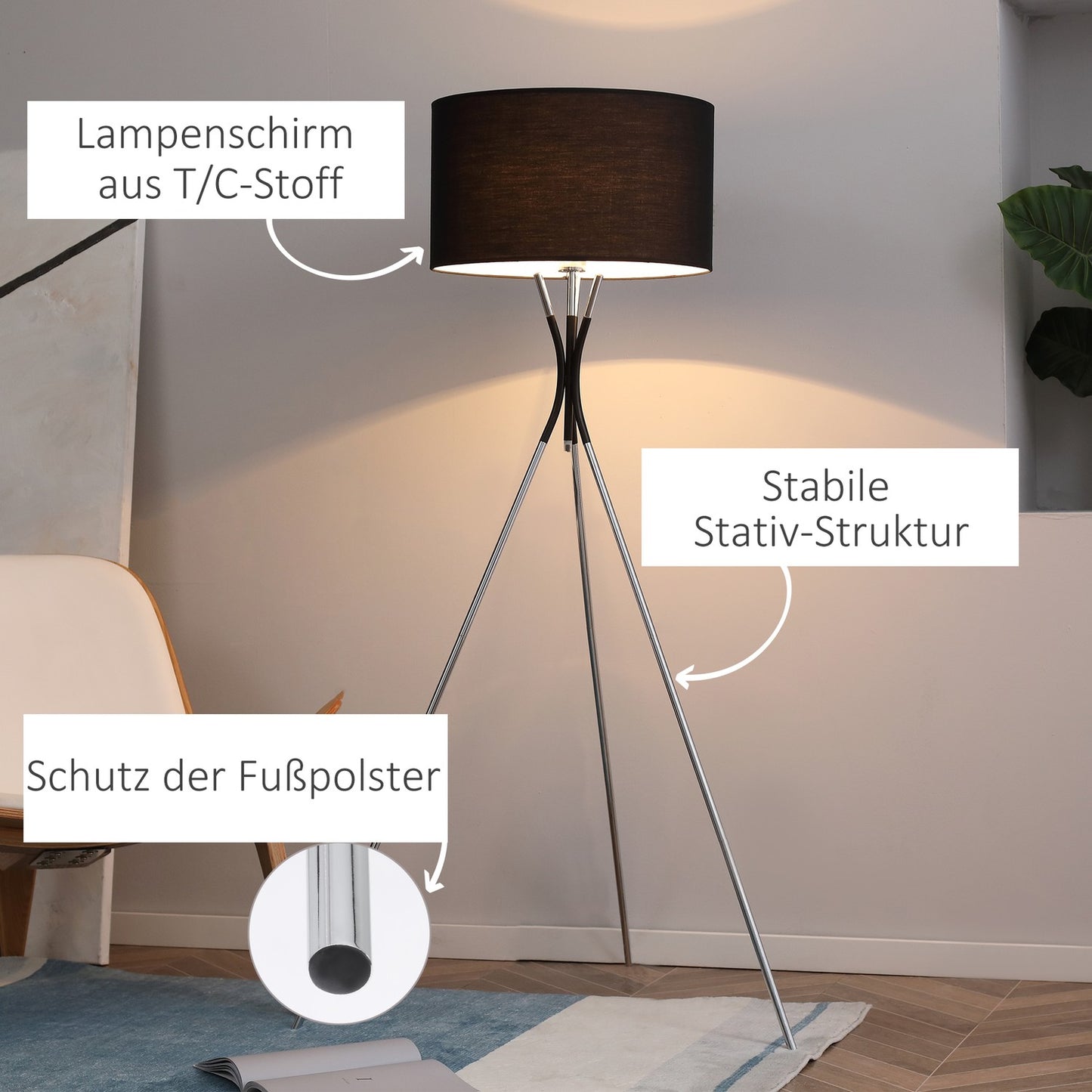 Stand floor lamp, elegant 40W, fabric shade, metal base