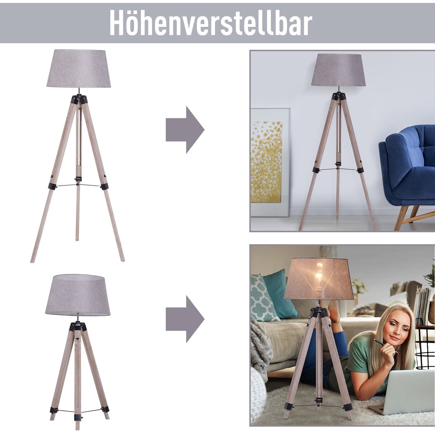 Height-adjustable stand floor lamp, wood & linen, Scandinavian design