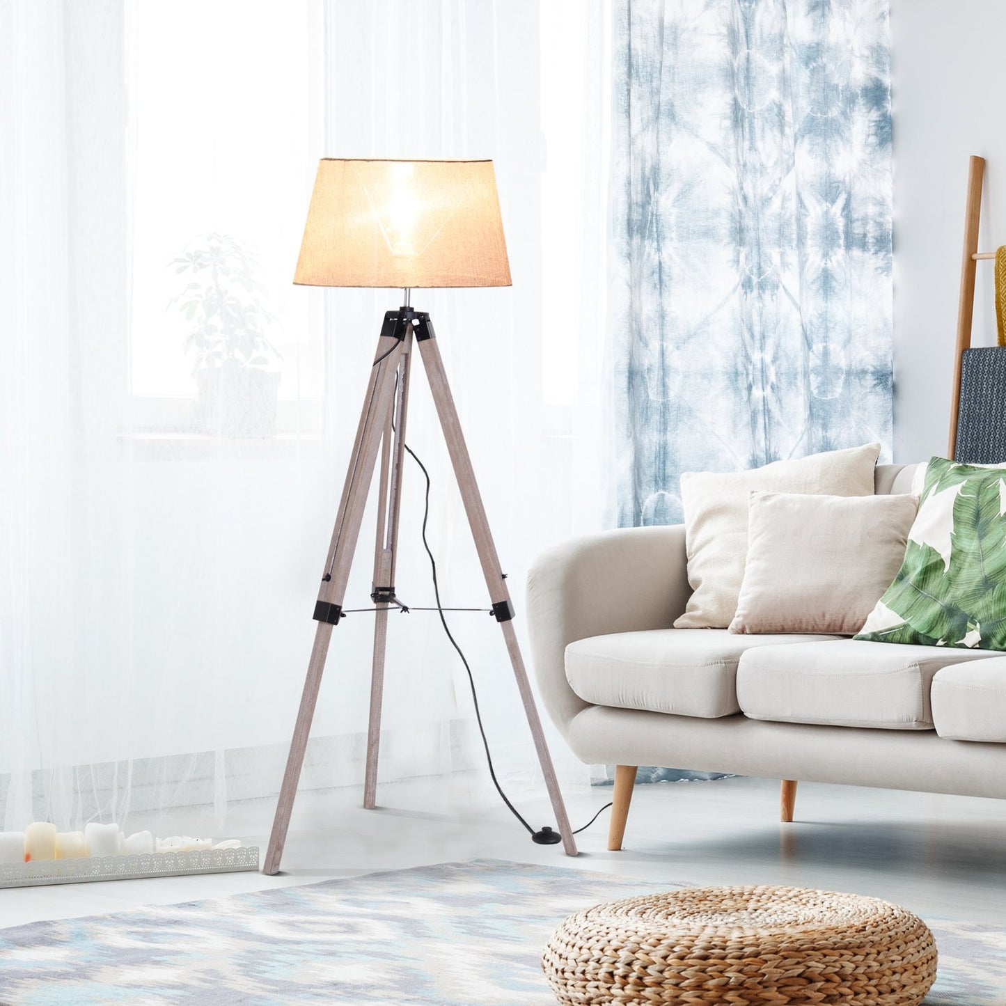 Height-adjustable stand floor lamp, wood & linen, Scandinavian design