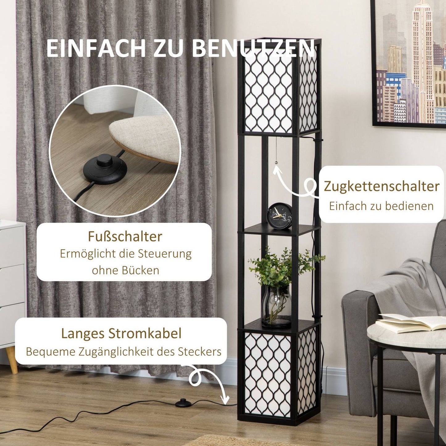 Floor lamp with shelf, double light, 40W zipper