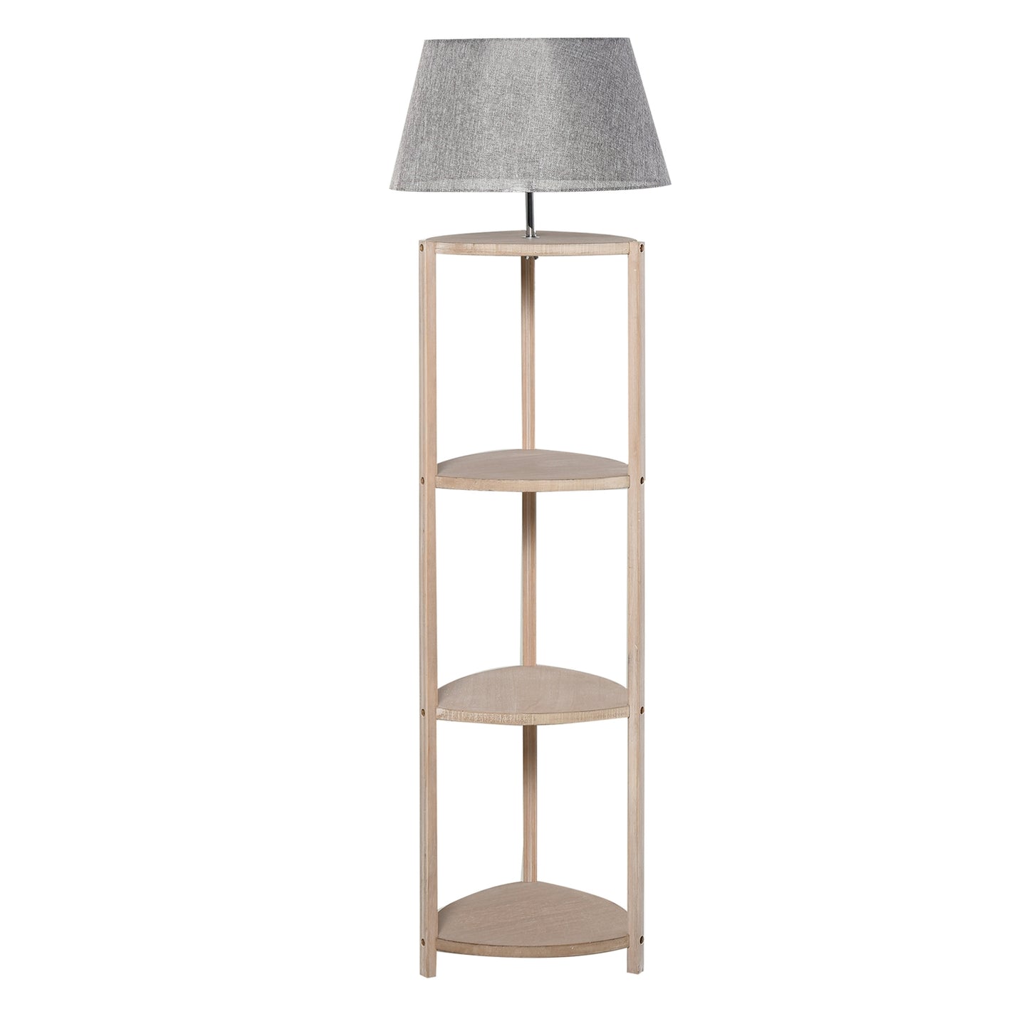Scandinavian wooden floor lamp with shelf and linen shade