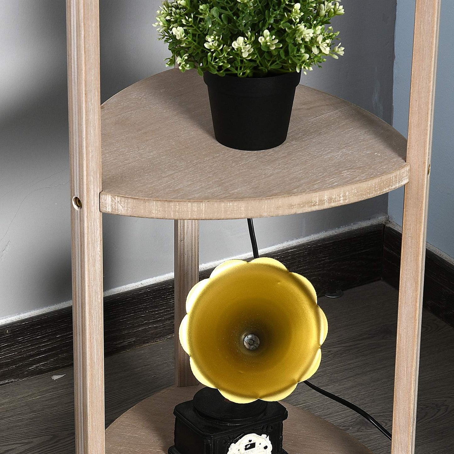 Scandinavian wooden floor lamp with shelf and linen shade