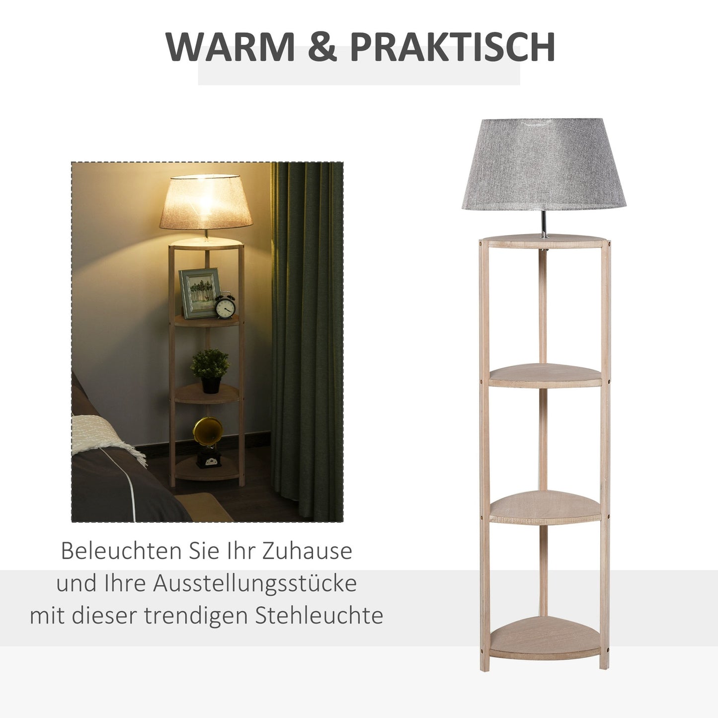 Scandinavian wooden floor lamp with shelf and linen shade