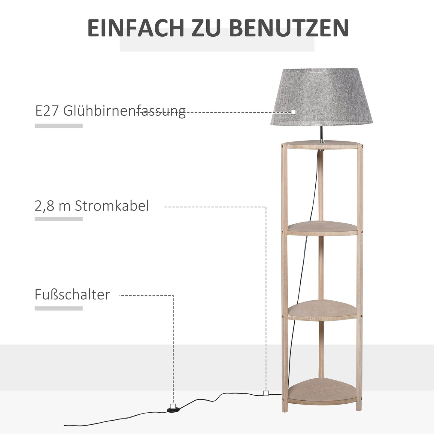 Scandinavian wooden floor lamp with shelf and linen shade
