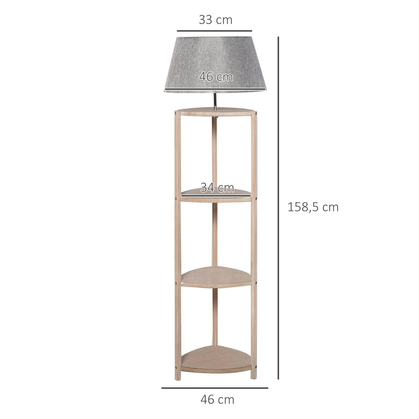 Scandinavian wooden floor lamp with shelf and linen shade