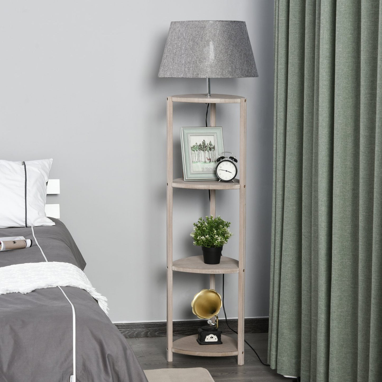 Scandinavian wooden floor lamp with shelf and linen shade