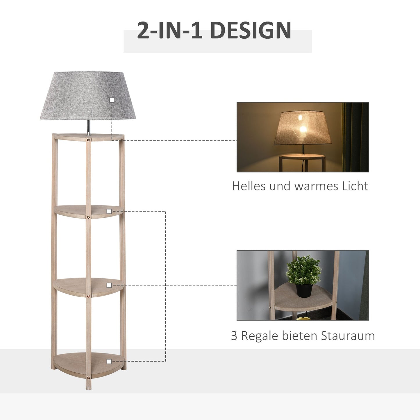 Scandinavian wooden floor lamp with shelf and linen shade