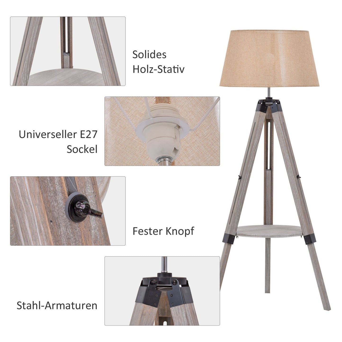Adjustable vintage floor lamp with shelf, steel & cotton