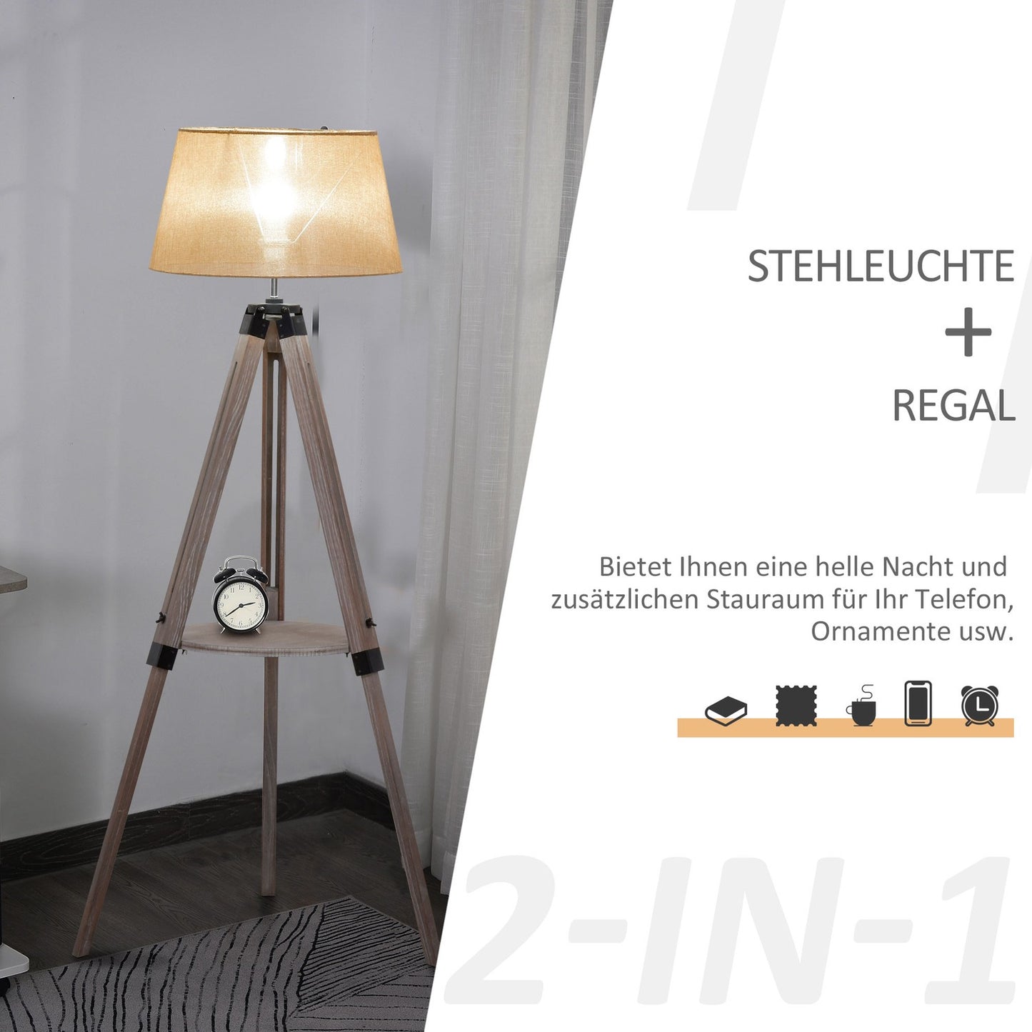 Adjustable vintage floor lamp with shelf, steel & cotton