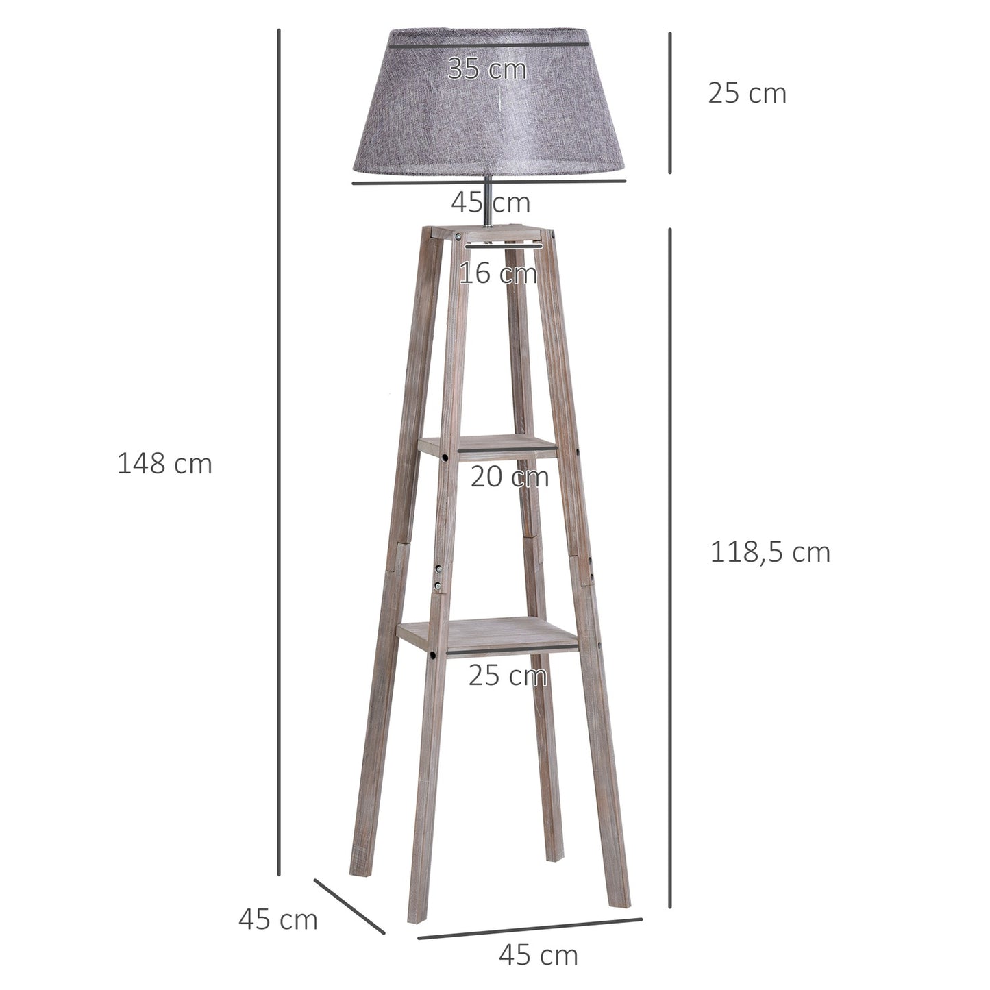 Scandinavian floor lamp with shelf, pine & linen