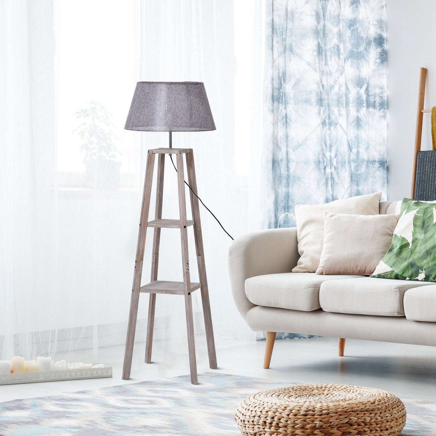 Scandinavian floor lamp with shelf, pine & linen