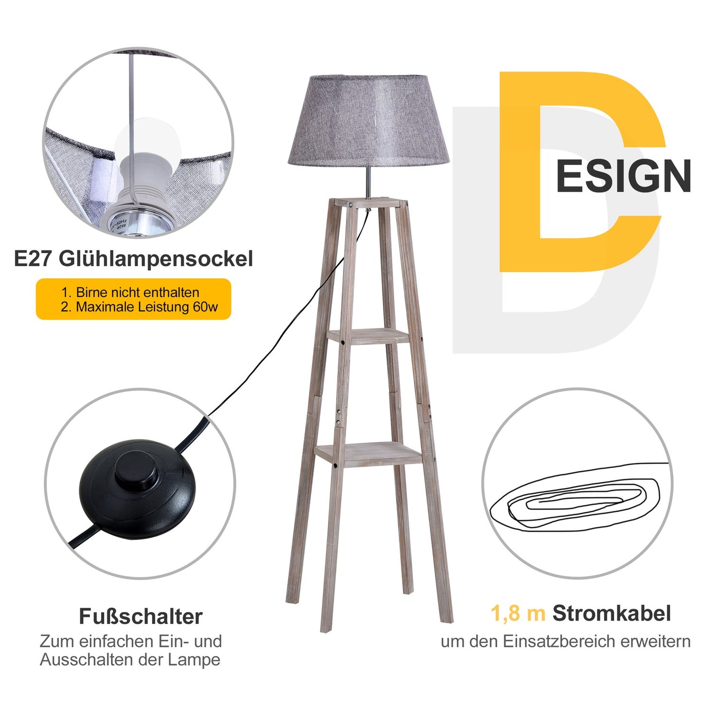 Scandinavian floor lamp with shelf, pine & linen