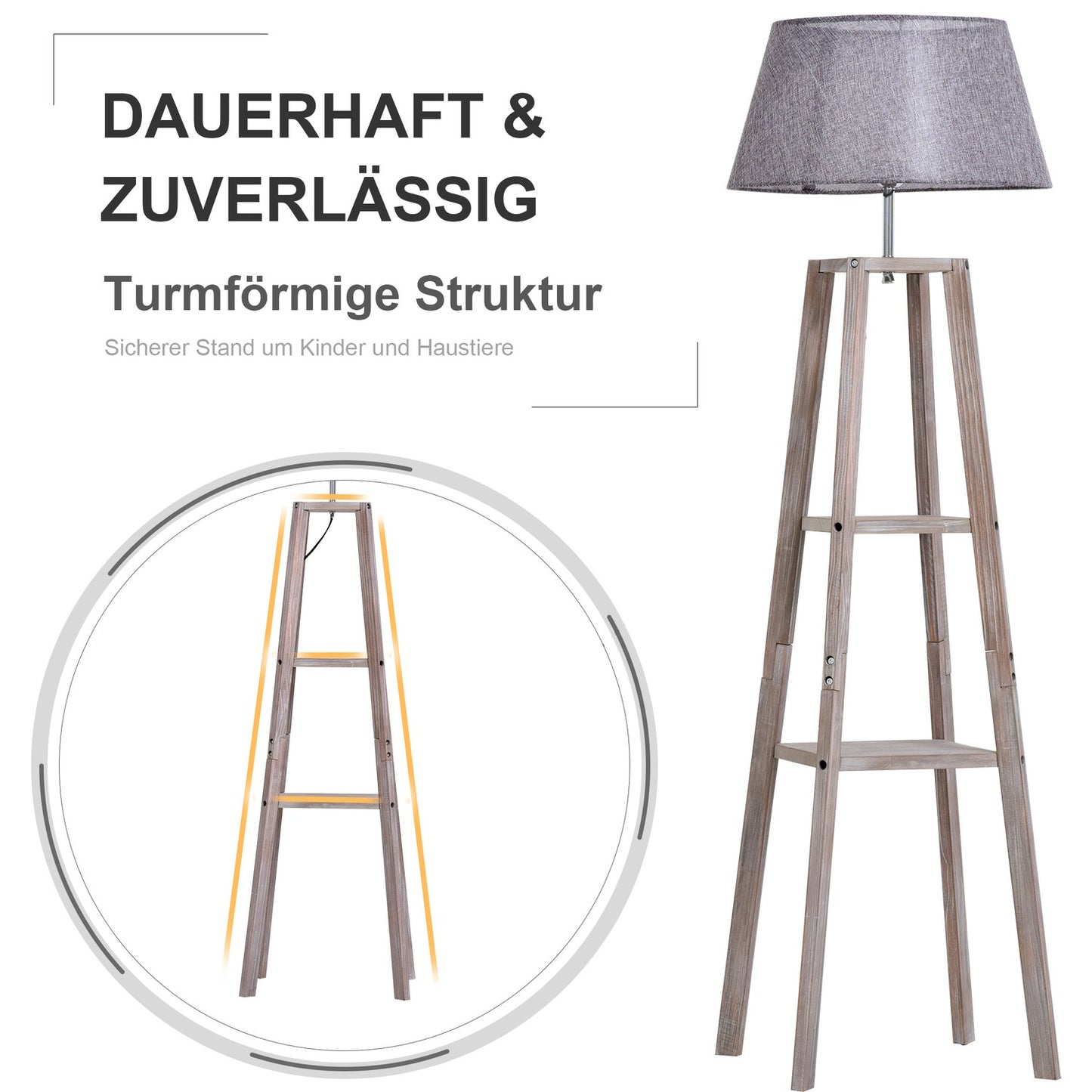 Scandinavian floor lamp with shelf, pine & linen