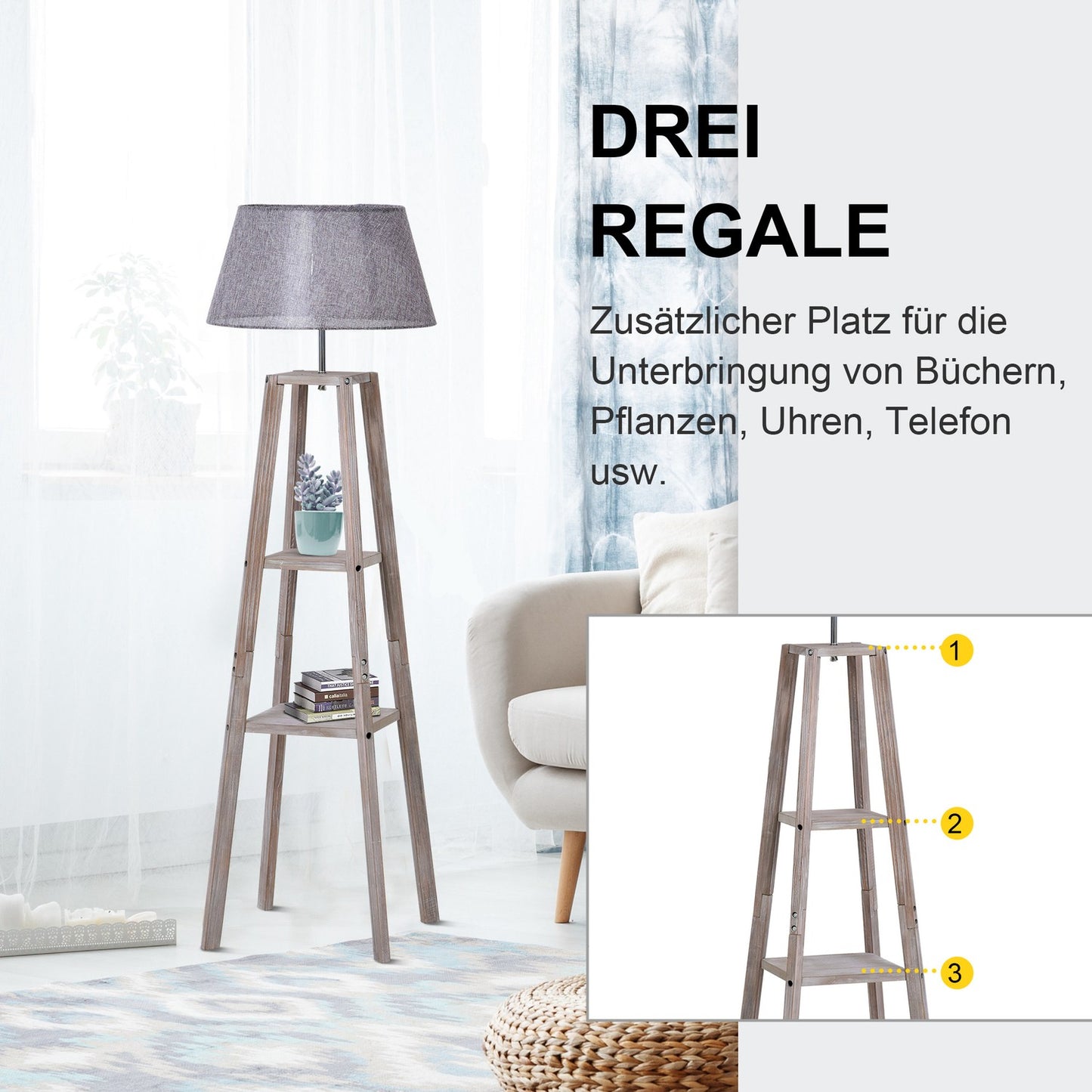 Scandinavian floor lamp with shelf, pine & linen