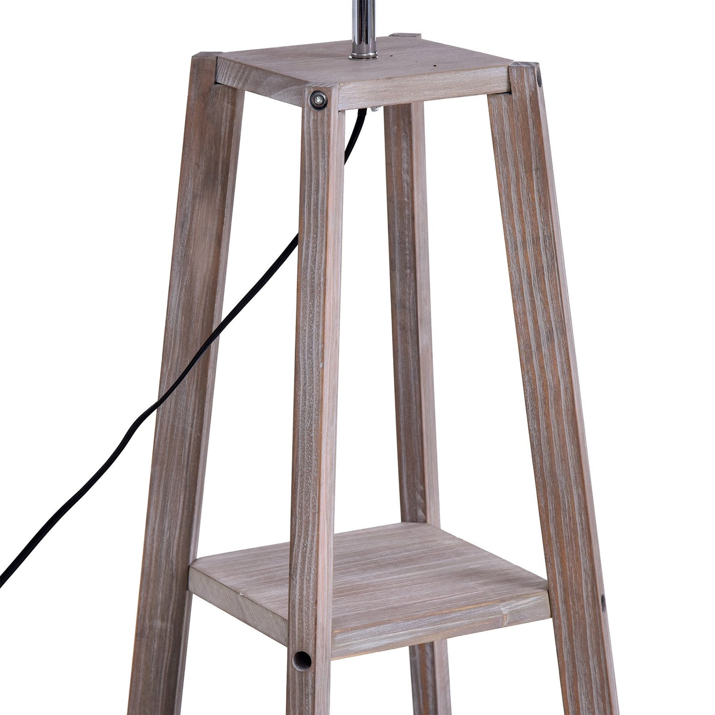 Scandinavian floor lamp with shelf, pine & linen