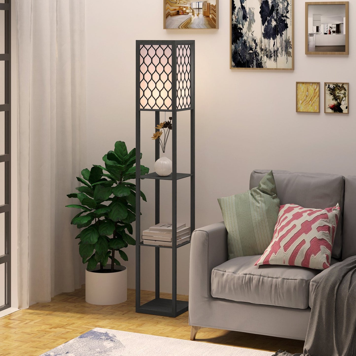 Floor lamp with shelves - black wood, 160cm, E27 40W