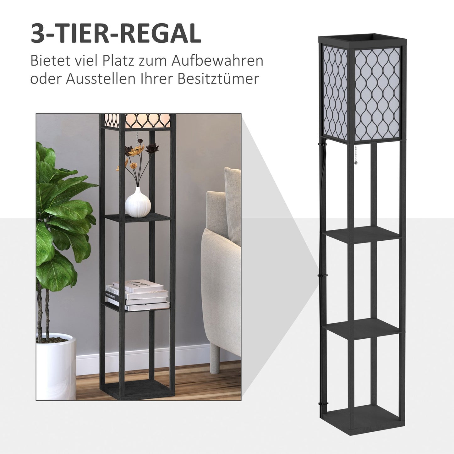 Floor lamp with shelves - black wood, 160cm, E27 40W