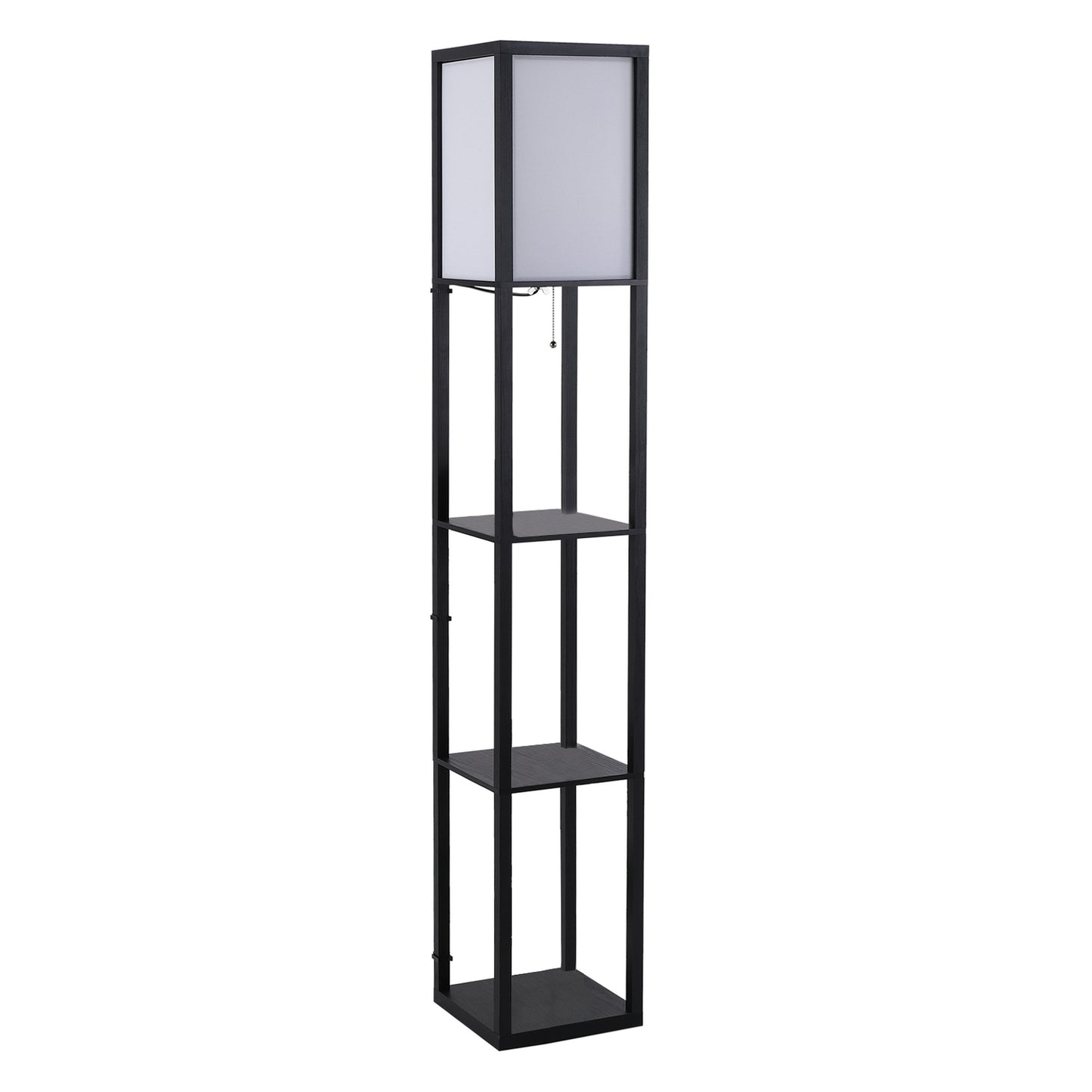 Black wooden floor lamp with shelves, E27 base, 160cm