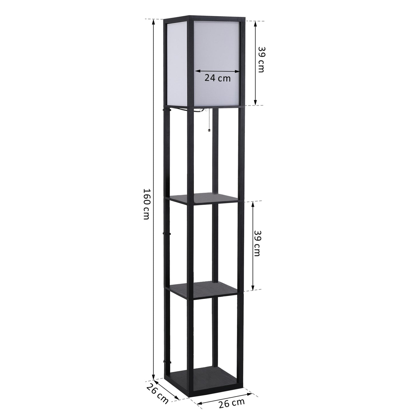 Black wooden floor lamp with shelves, E27 base, 160cm
