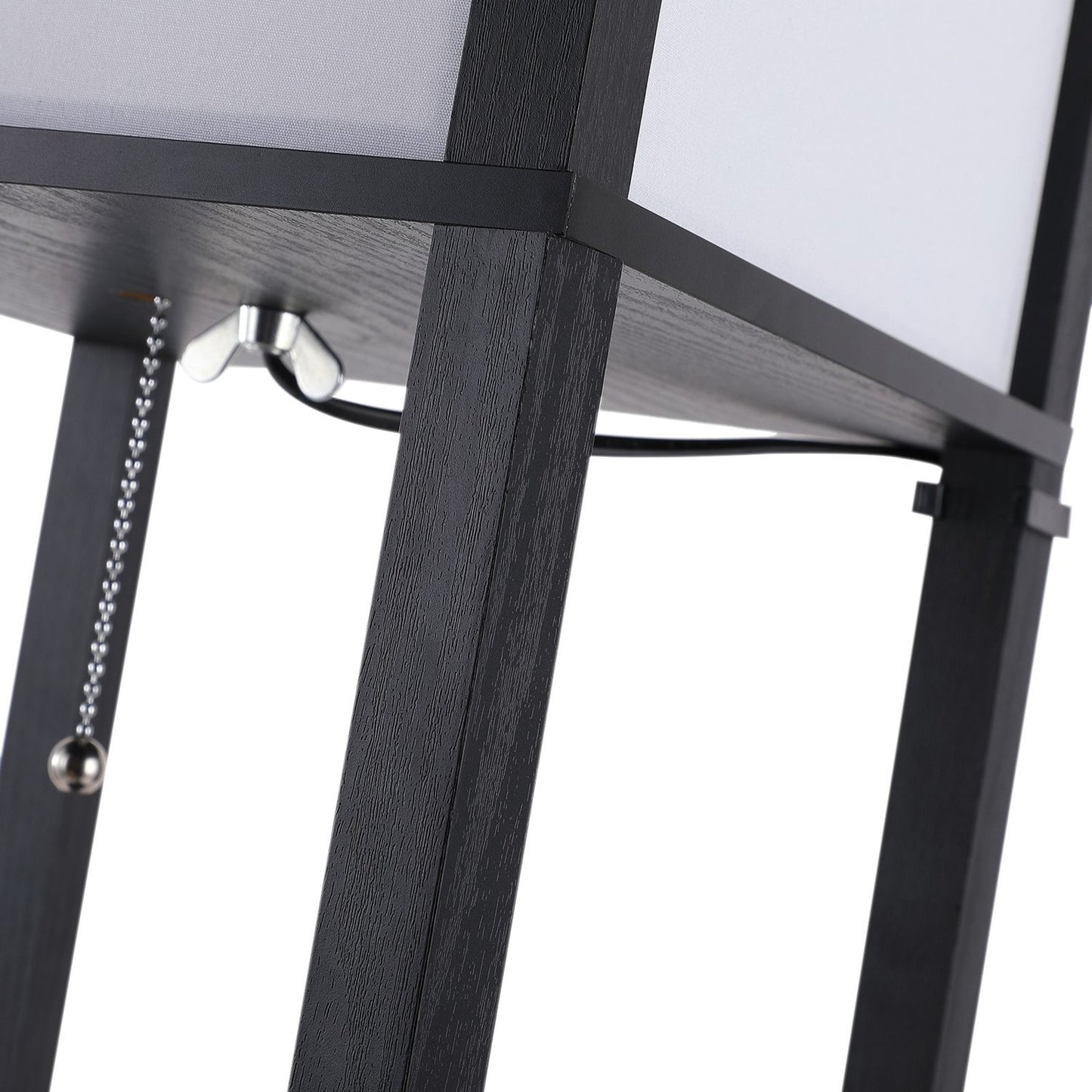 Black wooden floor lamp with shelves, E27 base, 160cm