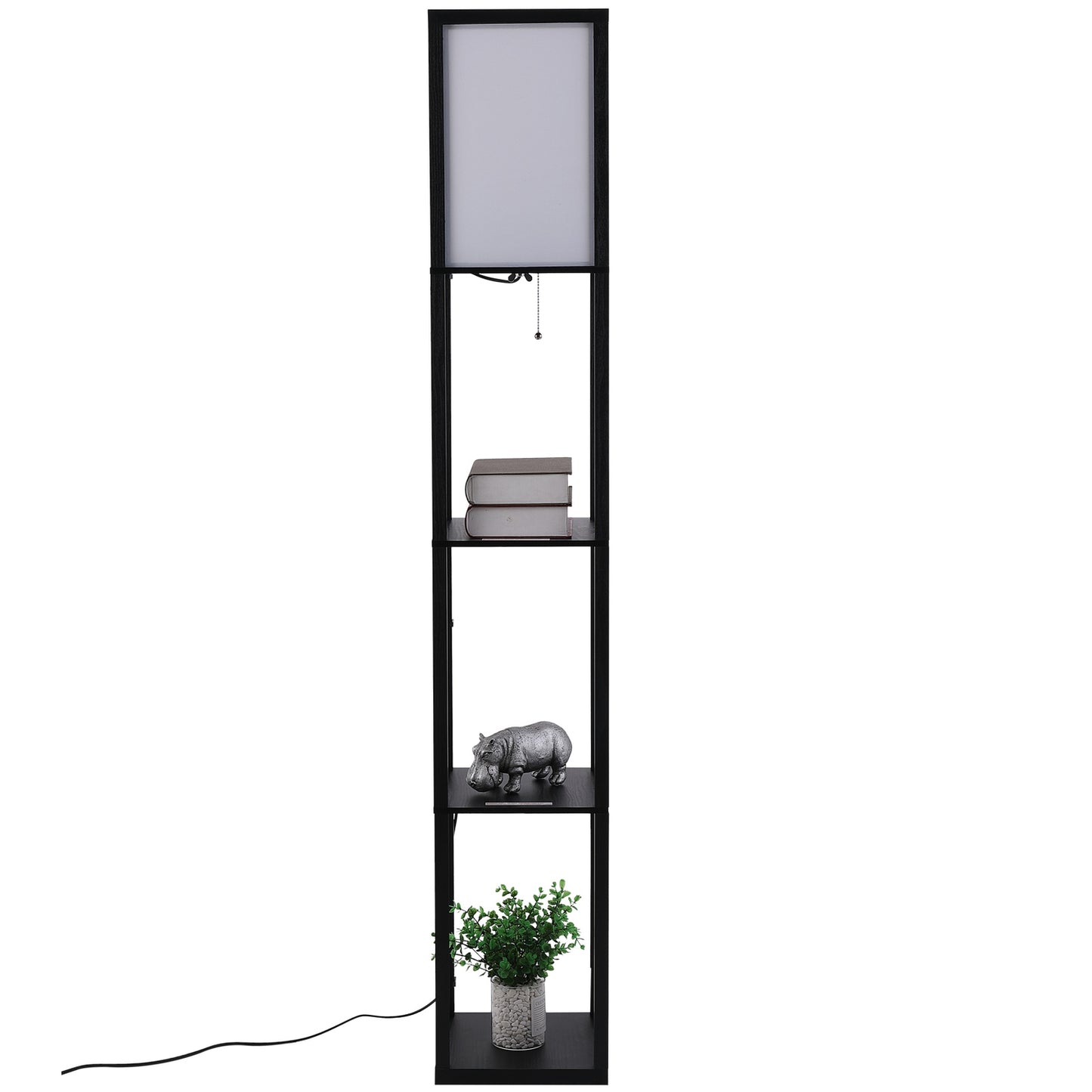 Black wooden floor lamp with shelves, E27 base, 160cm