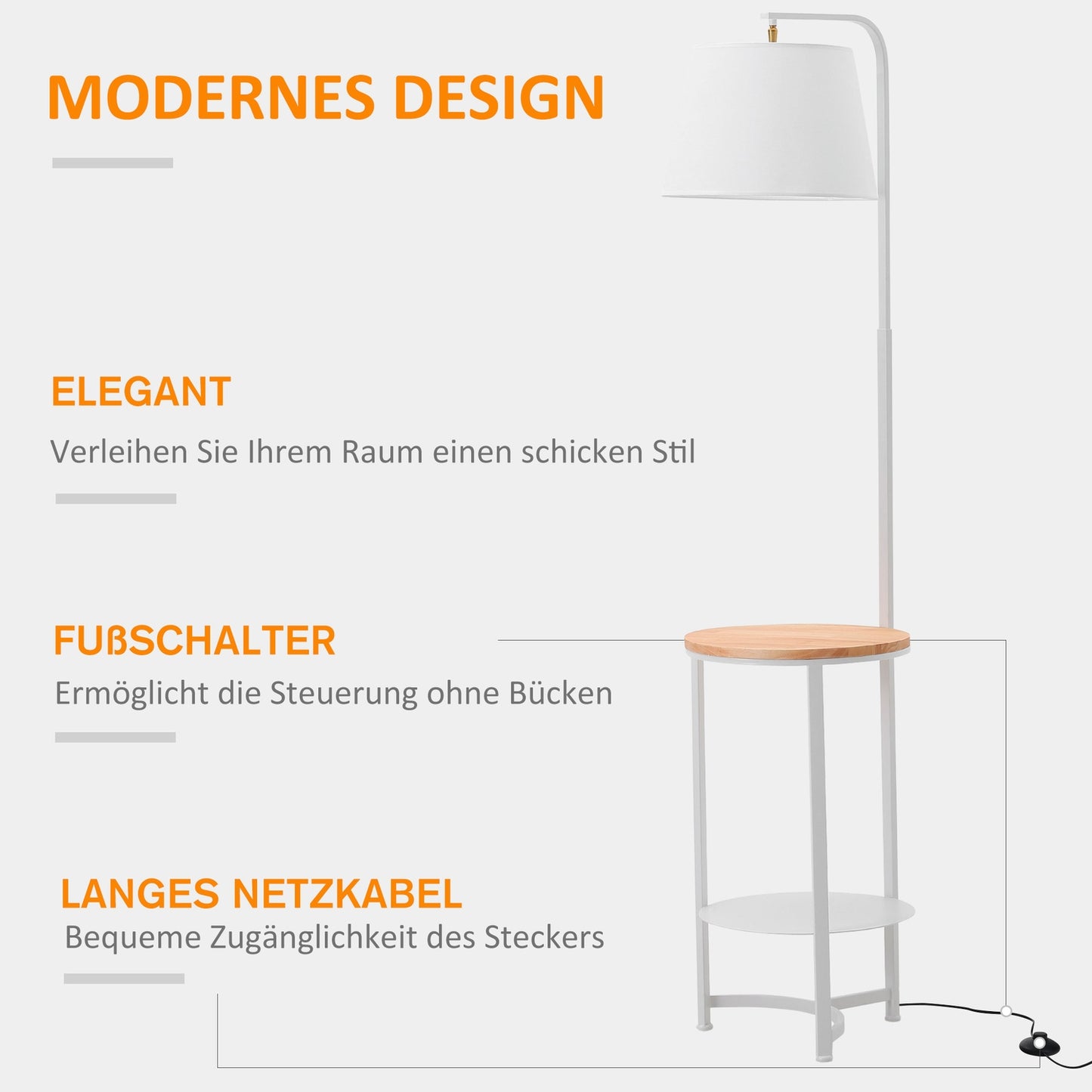 Floor lamp with shelves and table, E27, White metal