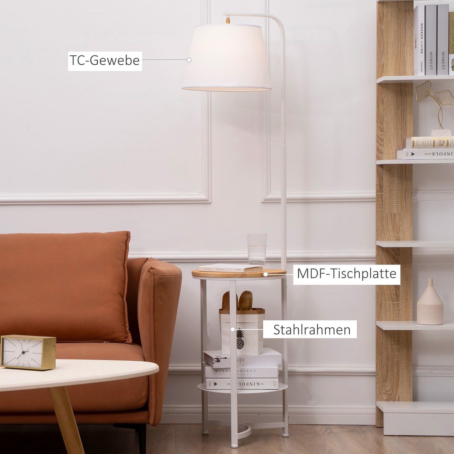 Floor lamp with shelves and table, E27, White metal