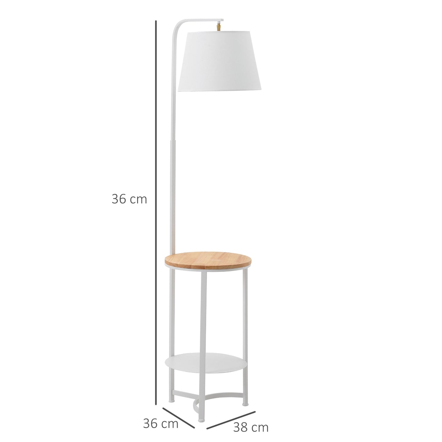 Floor lamp with shelves and table, E27, White metal