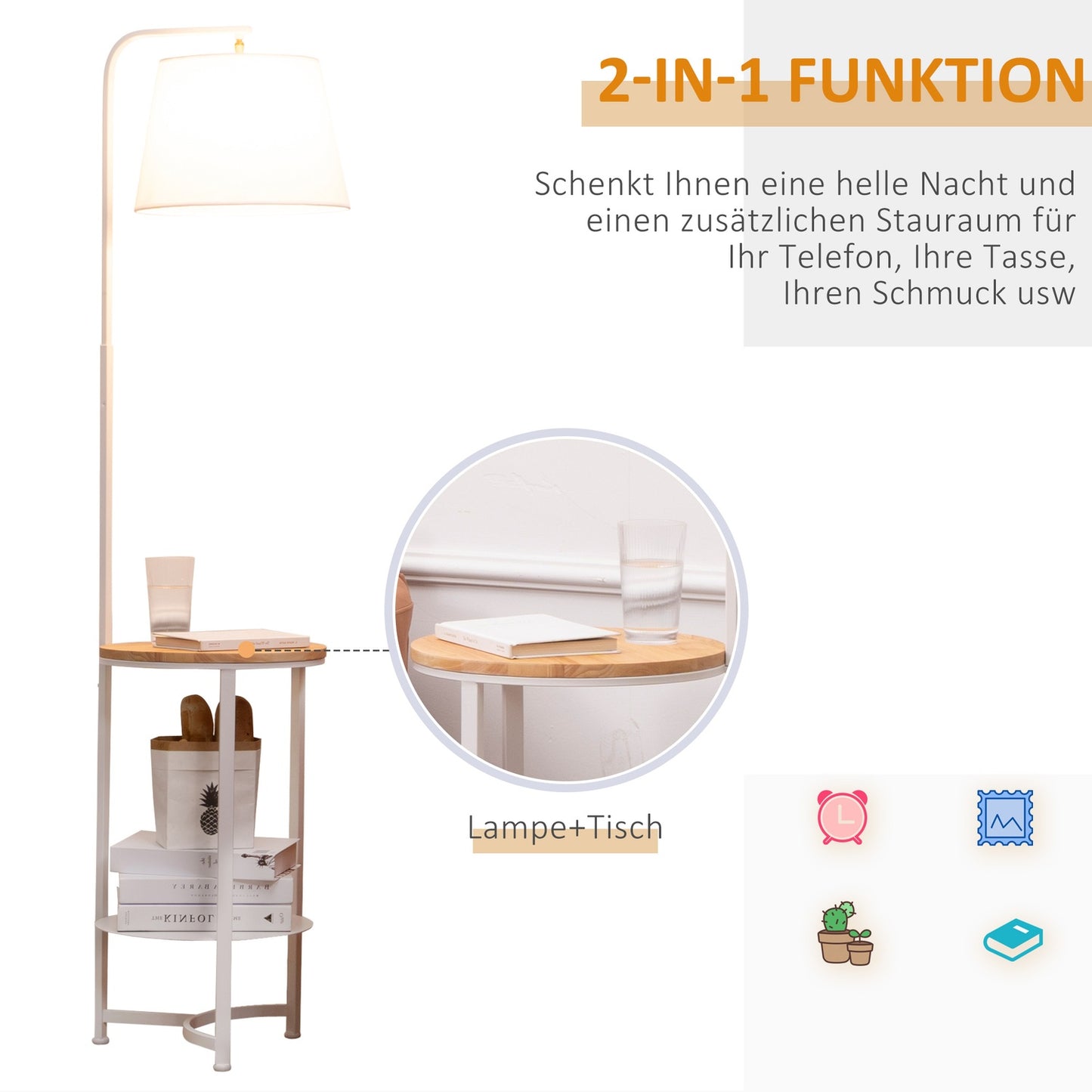 Floor lamp with shelves and table, E27, White metal