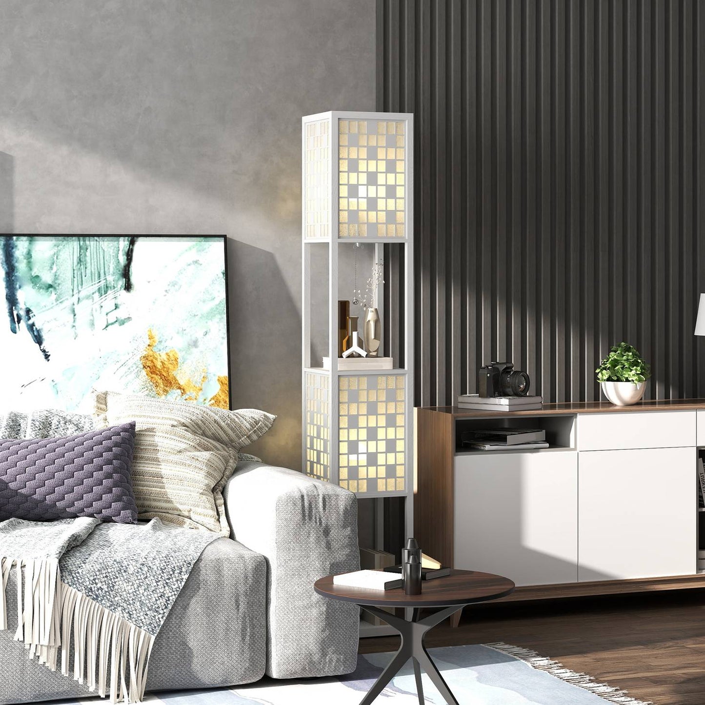 Floor Lamp with Lattice Shade and Dual Shelves, White